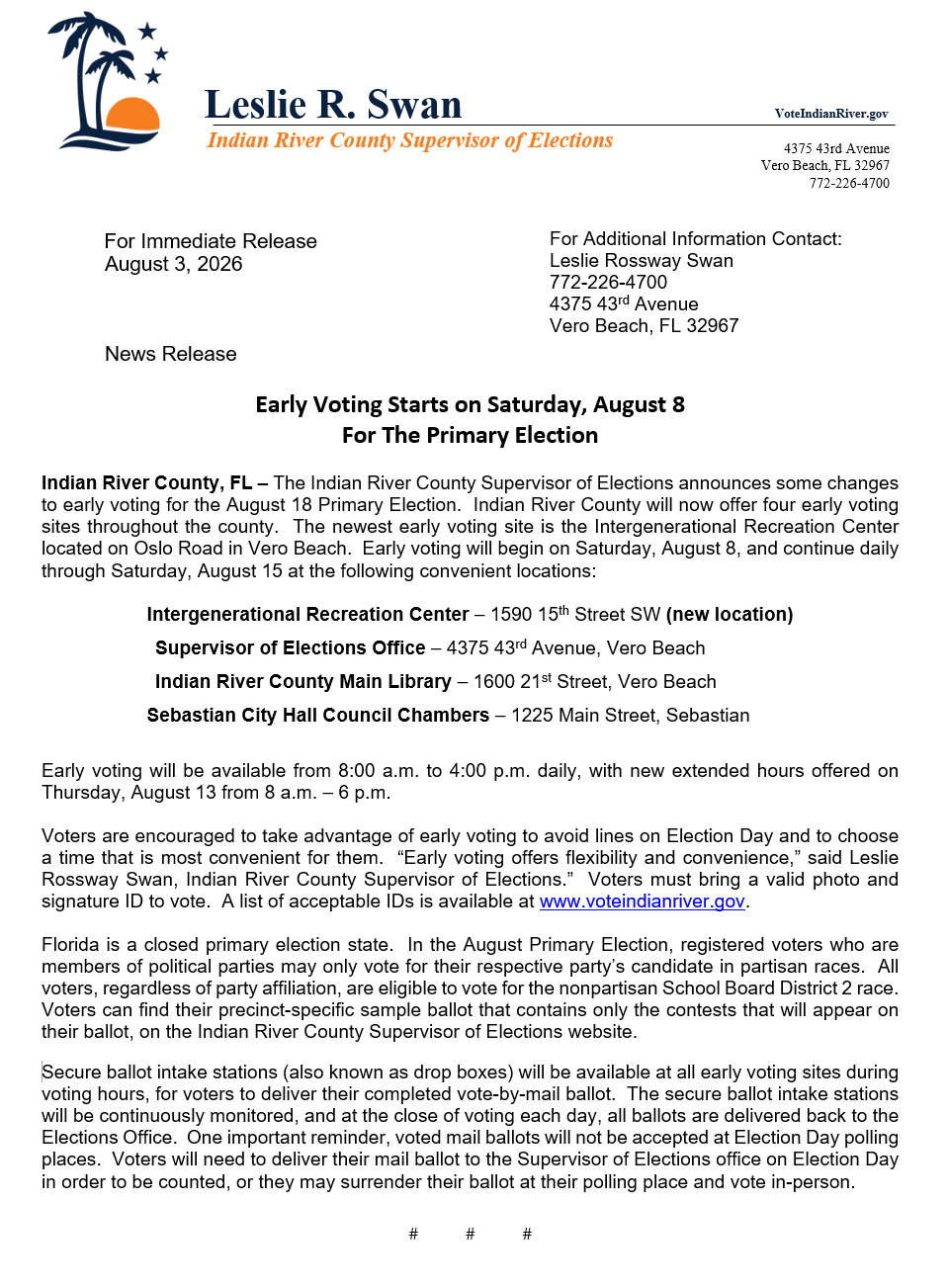 Image of August 3, 2026 press release stating Early Voting Starts on Saturday, August 8 for the Primary Election